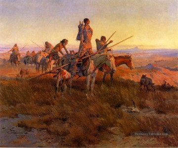  russe Tableau - Dans le sillage des chasseurs de bisons Art occidental Amérindien Charles Marion Russell